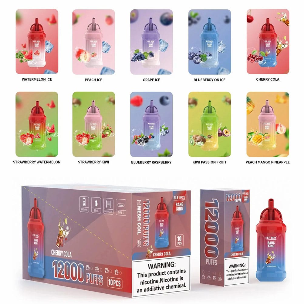 A display of ELF BOX BK12000 Puffs showcasing various flavors like Watermelon Ice, Peach Ice, Grape Ice, and more, alongside the packaging of the Cherry Cola flavor with 12,000 puffs and mesh coil technology.