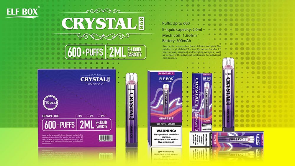 ELF BOX CRYSTAL BAR 600 Puffs Grape Ice flavor packaging and device with 2ml E-liquid capacity.