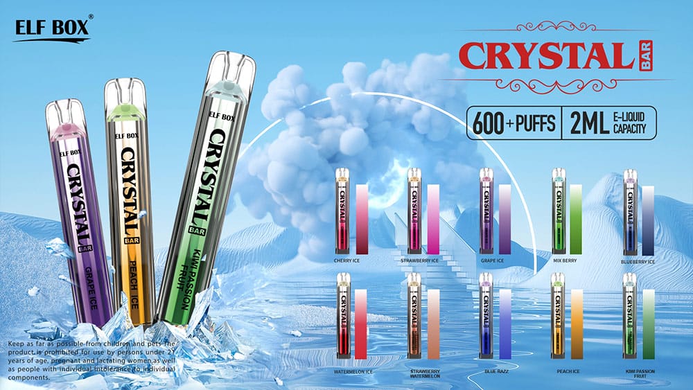 Multiple ELF BOX CRYSTAL BAR 600 Puffs vape devices in various flavors displayed on an icy background.