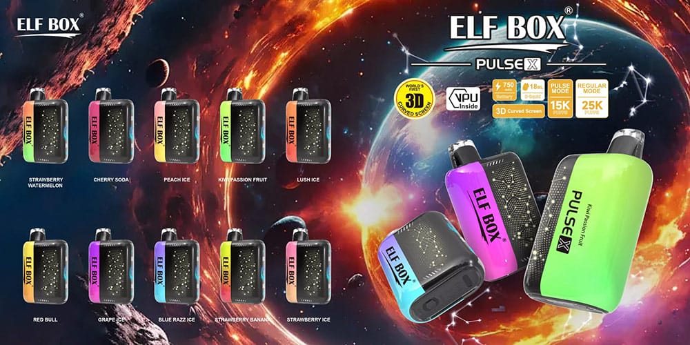 Eine Auswahl von Elf Box PULSE X 25000 Puffs Vapes in 10 verschiedenen Geschmacksrichtungen vor einem kosmischen Hintergrund.