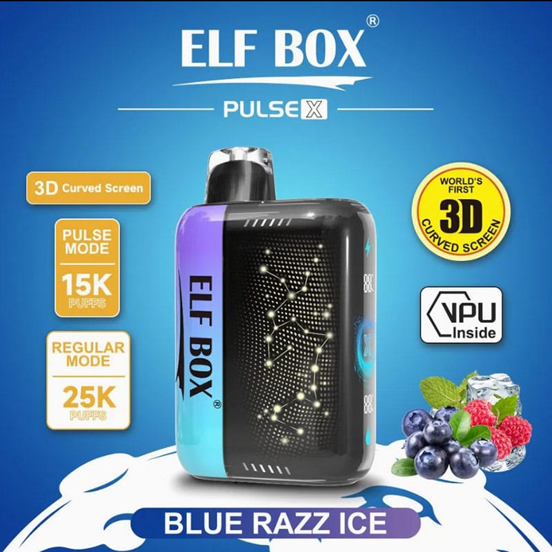 Elf Box PULSE X 25000 Puffs mit 3D-gebogenem Bildschirm und 15000Puffs/25000 Puffs, Blue Razz Ice Geschmack.