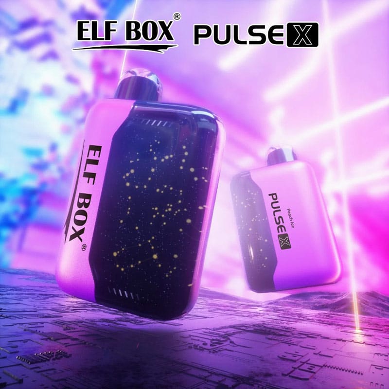 Zwei Elf Box PULSE X Geräte in modernem, leuchtendem Design, schwebend in einer futuristischen Umgebung.