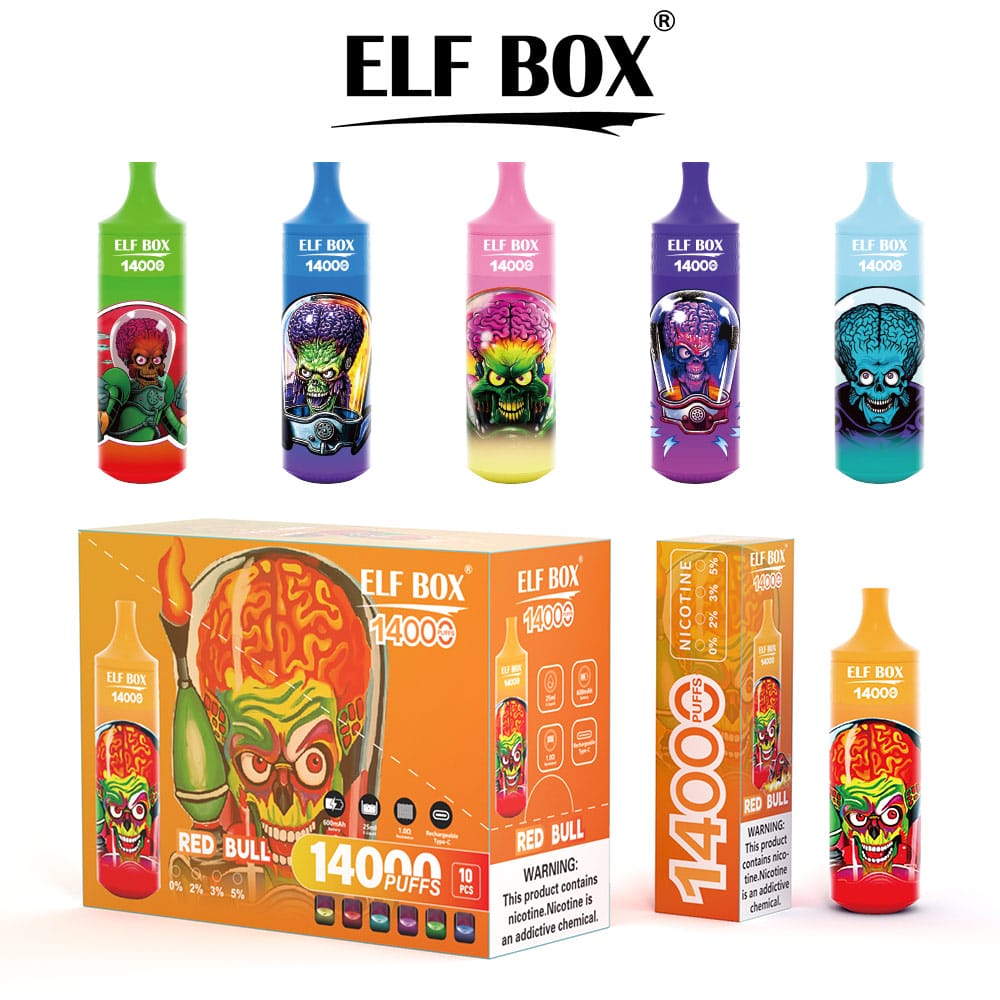 Sechs Elf Box RGB 14000 Puffs in verschiedenen Geschmacksrichtungen vor einer Produktbox, darunter Geschmacksrichtungen wie Red Bull, Peach Mango und Mint Ice.