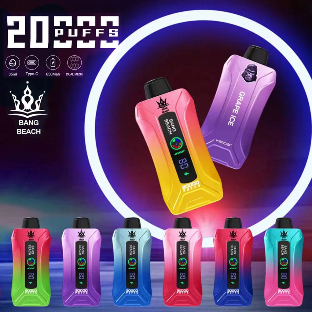 Bang Beach 20000 Puffs Einweg-Vapes auf einer futuristischen Plattform, mit beleuchtetem Display und Dual-Mesh-Technologie, ideal für Großhandel und Einzelhandel.