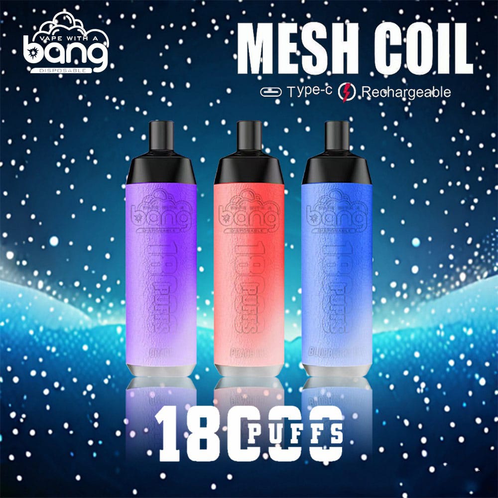 Zwei Bang Crown Bar 18000 Puffs Einweggeräte in Rot und Lila mit einer Liste der verfügbaren Geschmacksrichtungen. Features wie einstellbarer Luftstrom, 650mAh Batterie und 0,6 Ohm Mesh Coil werden ebenfalls hervorgehoben.