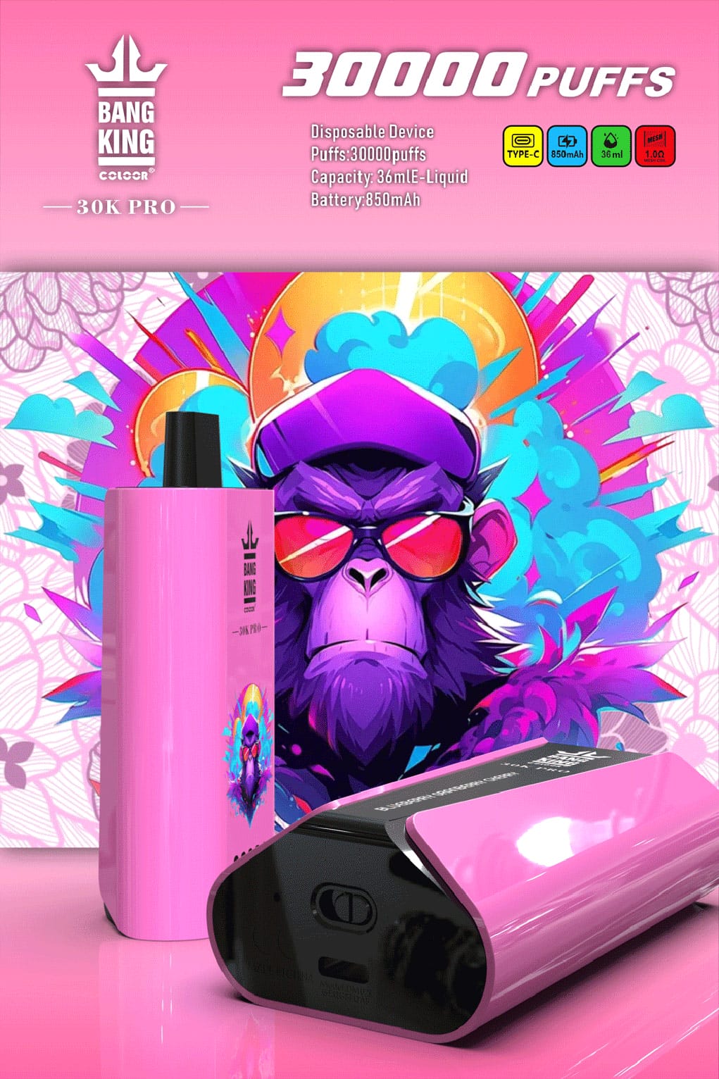 Blaues Bang King 30000 Pro Vape-Gerät in der Geschmacksrichtung Blueberry Raspberry auf einem intensiven blauen Hintergrund.