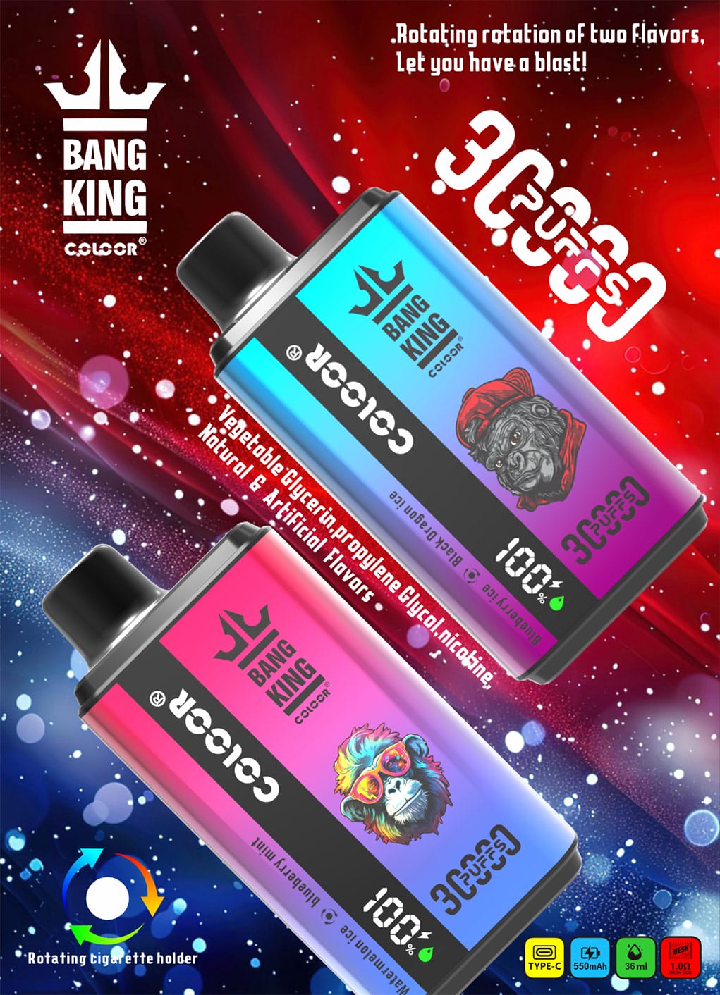 Bang King 30000 Puffs mit Dual-Flavor-Technologie und auffälligem Design, verfügbar bei VAPEPUFF.