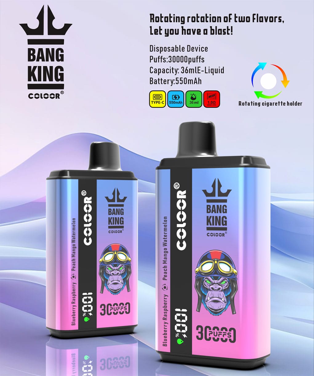 Bang King 30000 Puffs mit detaillierter Produktbeschreibung und zwei Geschmacksrichtungen, ideal für flexibles Dampfen, erhältlich bei VAPEPUFF.