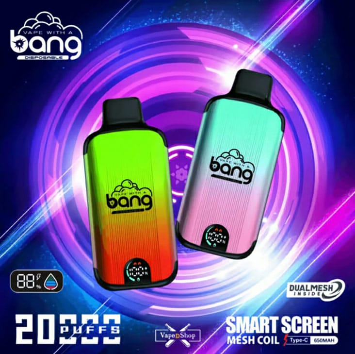 Zwei Varianten des Bang Smart Screen 20000 Puffs mit Dual-Mesh-Coil und LED-Display, ideal für flexibles und langanhaltendes Dampfen, erhältlich bei VAPEPUFF.