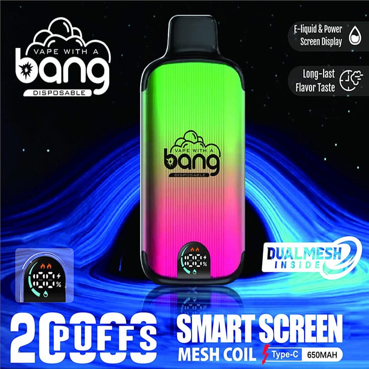 Bang Smart Screen 20000 Puffs in Regenbogenfarben mit LED-Display für Echtzeitinformationen über Akkustand und E-Liquid, ideal für intensiven Dampfgenuss.