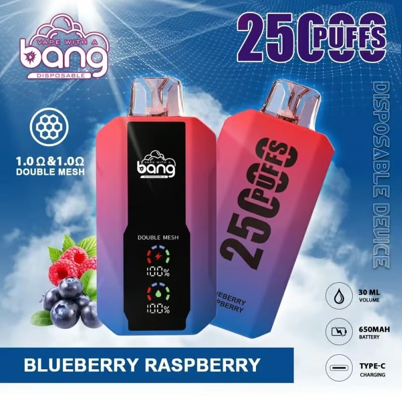 Bang Vape 25000 Puffs in Blueberry Raspberry Geschmacksrichtung mit auffälligem Design, doppelter Mesh-Coil und Anzeige für Lade- und Liquidstand.