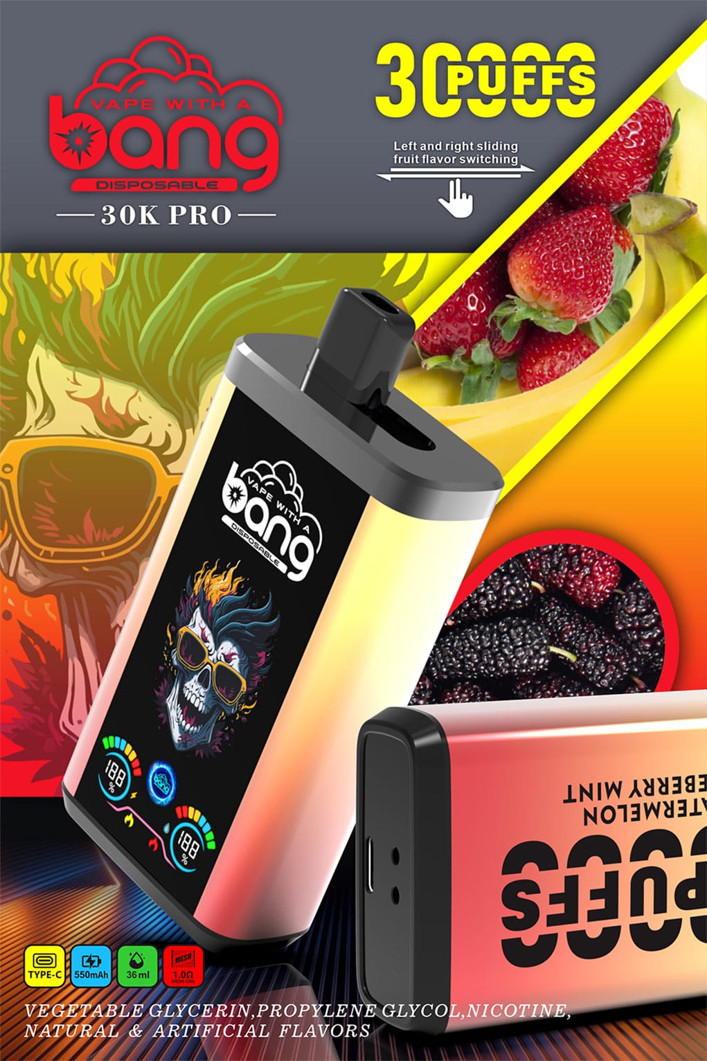 Bang Vape 30000 Puffs 30k PRO Strawberry Watermelon Flavor, erhältlich bei vapepuff.