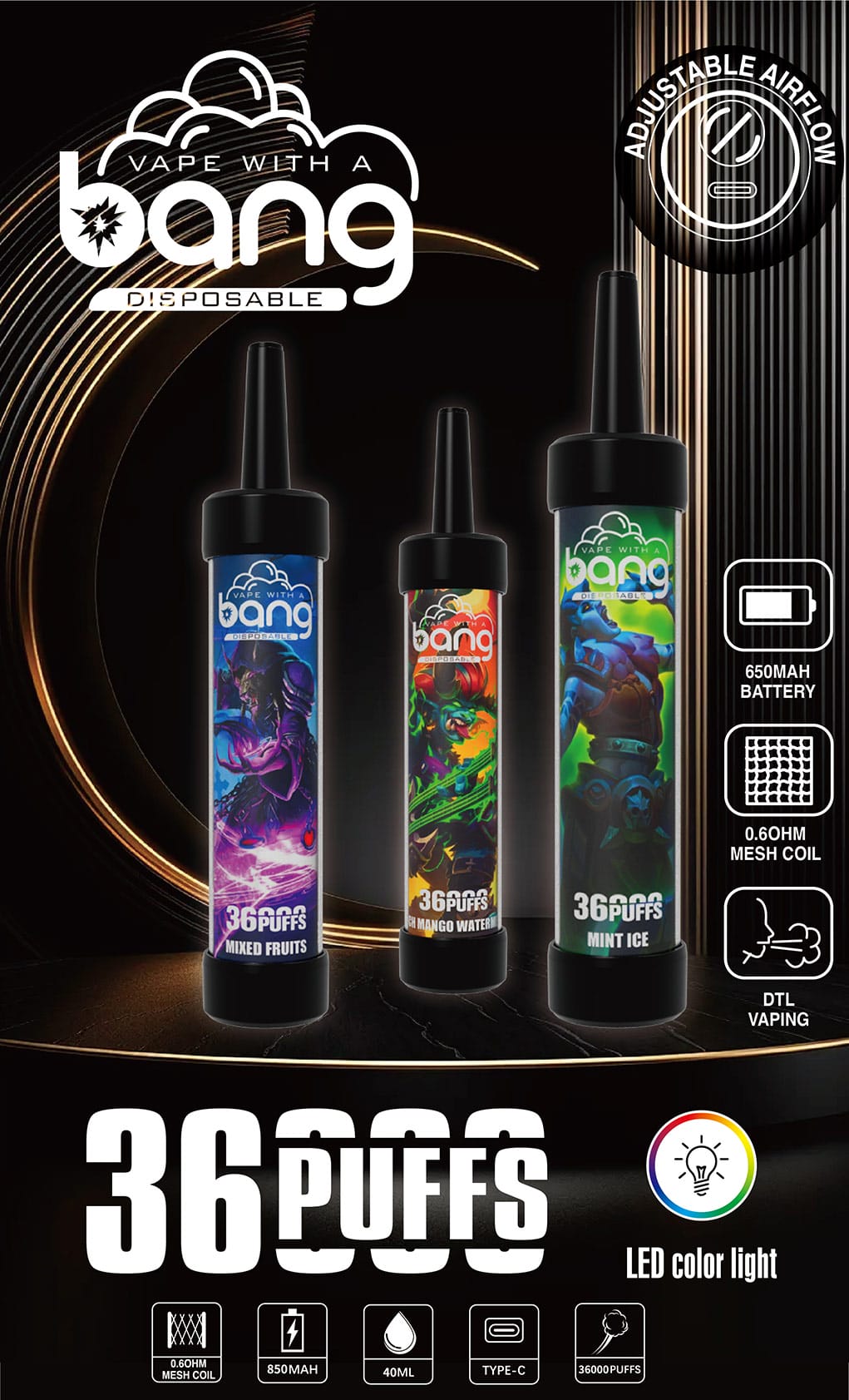 Bang Vape 36000 Puff Einweg-Vape mit Mixed Fruits, Mint Ice, und Peach Mango Watermelon Geschmacksrichtungen.