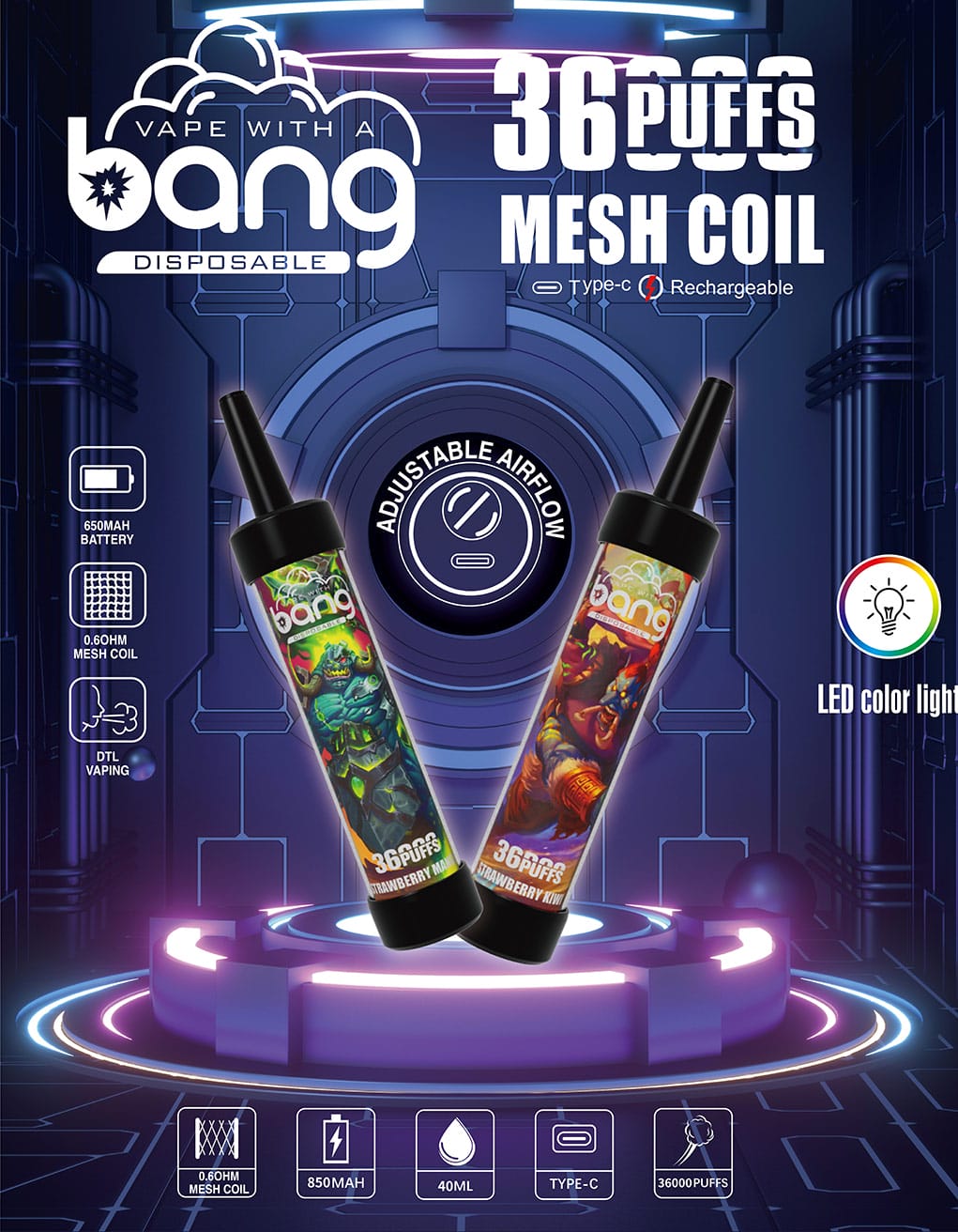 Bang Vape 36000 Puff Einweg-Vape mit den Geschmacksrichtungen Strawberry Kiwi und Strawberry Watermelon, umgeben von LED-Farblichtern.