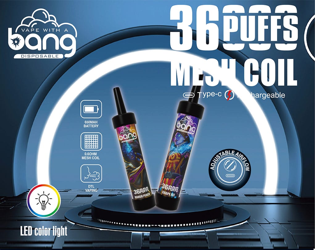 Bang Vape 36000 Puff Einweg-Vape in Geschmacksrichtungen Mango Peach und Grape Ice, mit 0,60 Ohm Mesh Coil und anpassbarem Luftstrom.