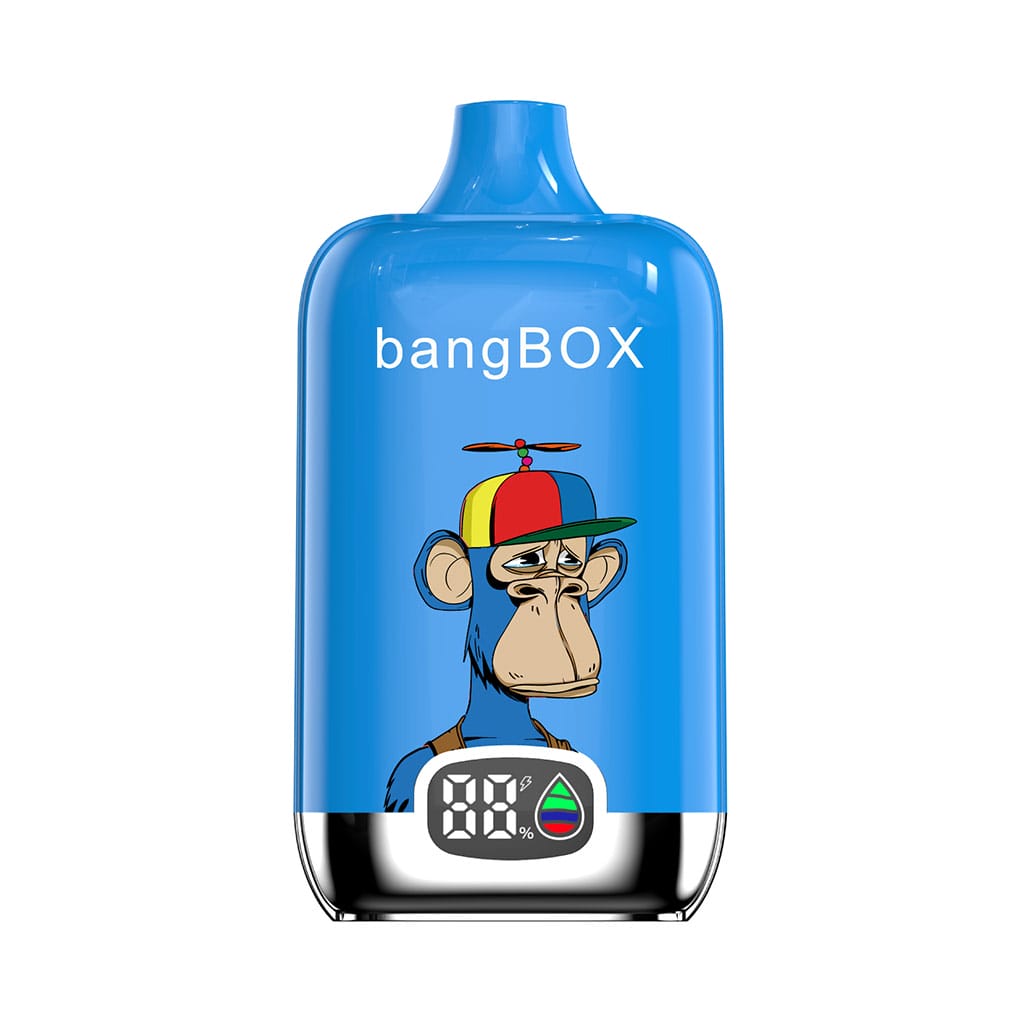 Bang Box 15000 Puffs E-Zigarette im Blueberry Raspberry Geschmack mit auffälligem Affen-Design und Kapazitätsanzeige.