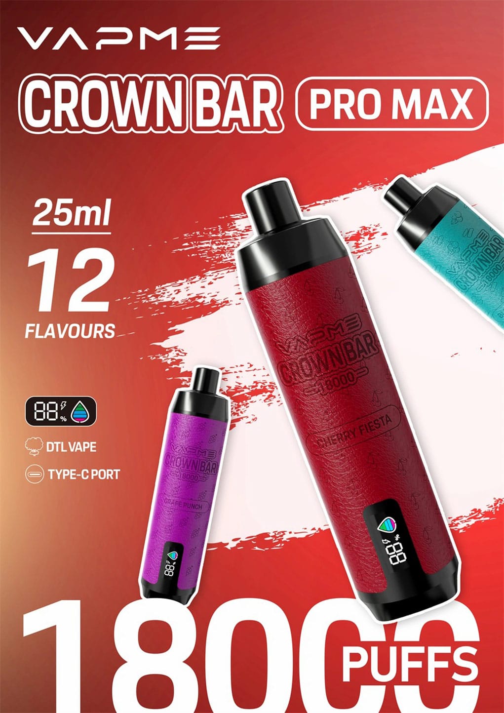 VAPME CROWN BAR PRO MAX in verschiedenen Farben mit 18000 Zügen und Type-C-Anschluss.