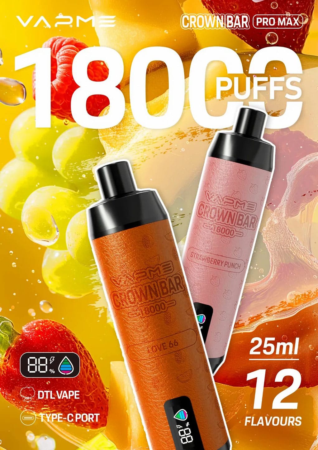 VAPME CROWN BAR Vapes mit 18000 Zügen in den Geschmacksrichtungen Love 66 und Strawberry Punch.