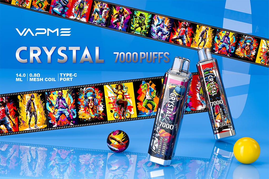 VAPME Crystal 7000 Puffs mit kristallklarem Design und farbenfroher Verpackung, präsentiert in verschiedenen Aromen und künstlerischen Designs