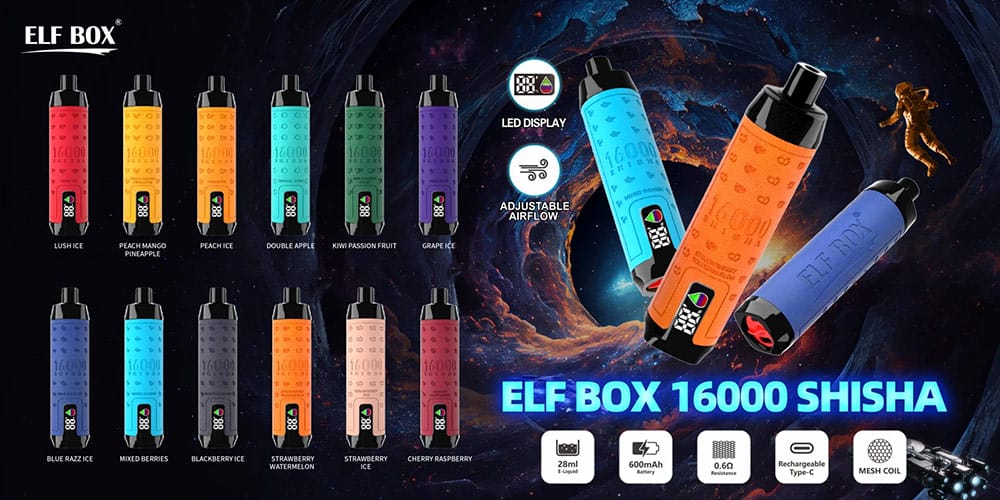 Elf Box 16000 Shisha Vape mit LED-Display und verstellbarem Luftstrom, verfügbar in 12 verschiedenen Geschmacksrichtungen.