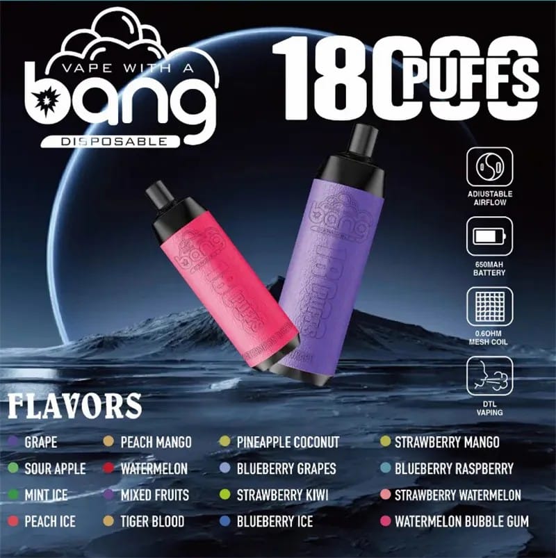 Übersicht der Bang Crown Bar 18000 Puffs Einweg-E-Zigaretten in verschiedenen Geschmacksrichtungen wie Peach Mango, Sour Apple, Tiger Blood, Blueberry Raspberry und vielen weiteren.