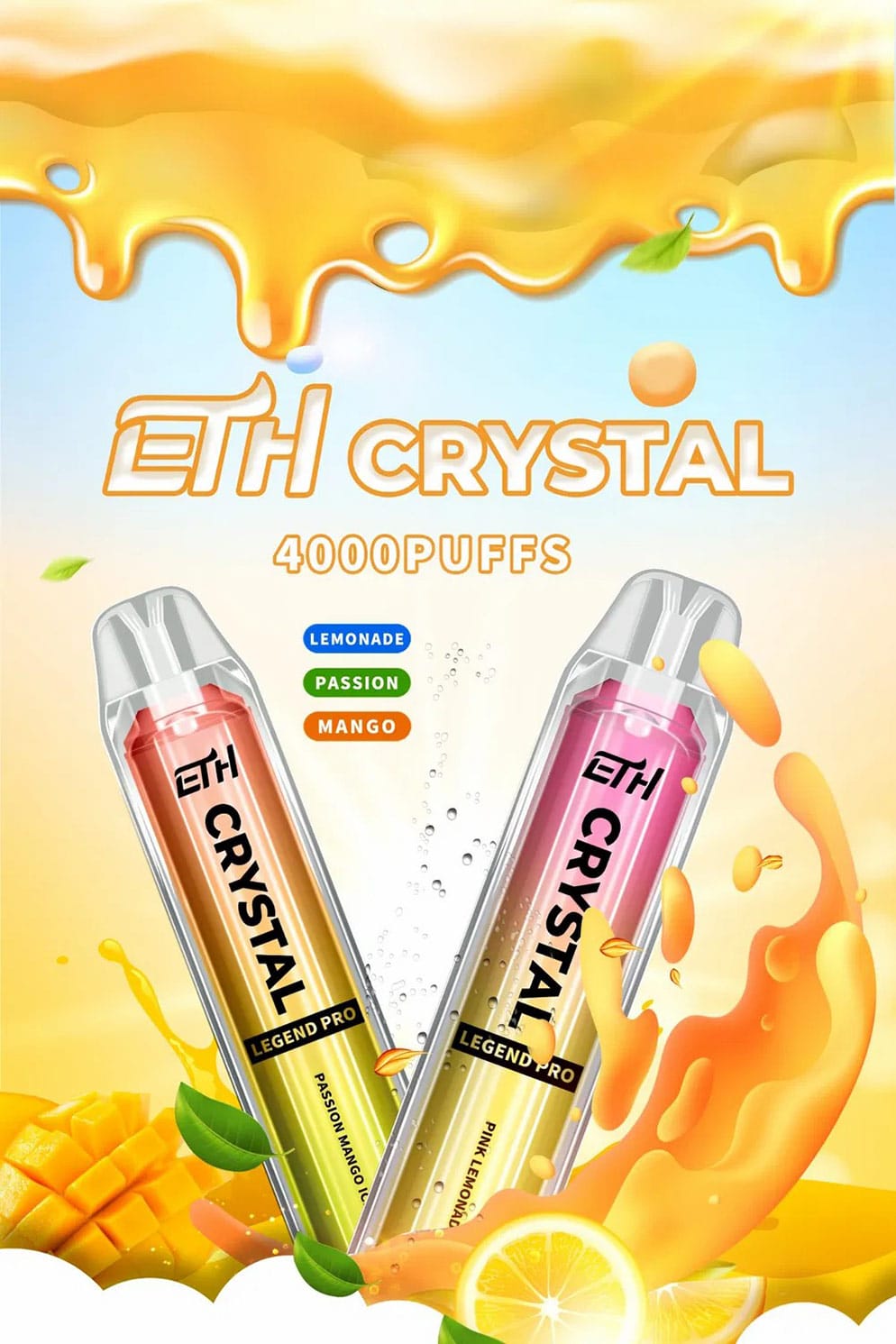 ETH Crystal Legend PRO Disposable Vape with 4000 Puffs and 1350mAh Battery in vibrant flavors.