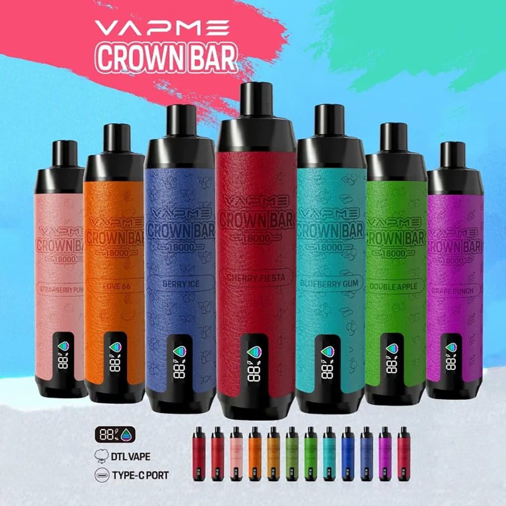 Verschiedene VAPME CROWN BAR 18000 Puffs PRO MAX Vapes in lebendigen Farben und Aromen.