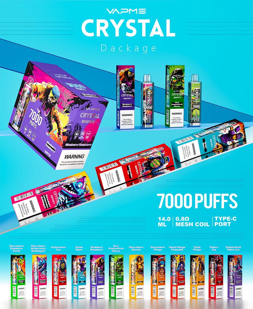 Verpackungen des VAPME Crystal 7000 Puffs mit verschiedenen Geschmacksrichtungen für den Großhandel, inklusive auffälliger Grafik und stilvollem Design