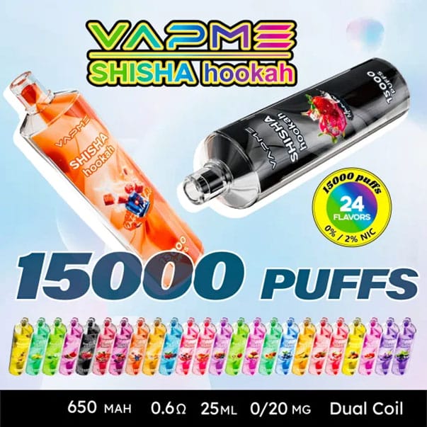 VAPME Shisha Hookah 15000-puff disposable vapes in various colors, with flavor options and nicotine strengths.