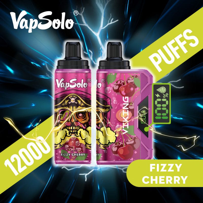 Zwei Vapsolo Viking 12000 Puffs Geräte mit der Geschmacksrichtung „Fizzy Cherry“ auf einem dynamischen, blitzähnlichen Hintergrund.