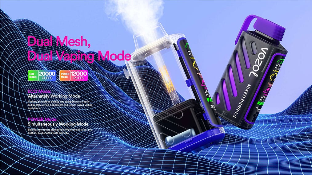 Vozol Gear 20000 Puffs Einweg Vape mit Dual Mesh Coil und Dual Vaping Modus in ECO- und POWER-Modi.