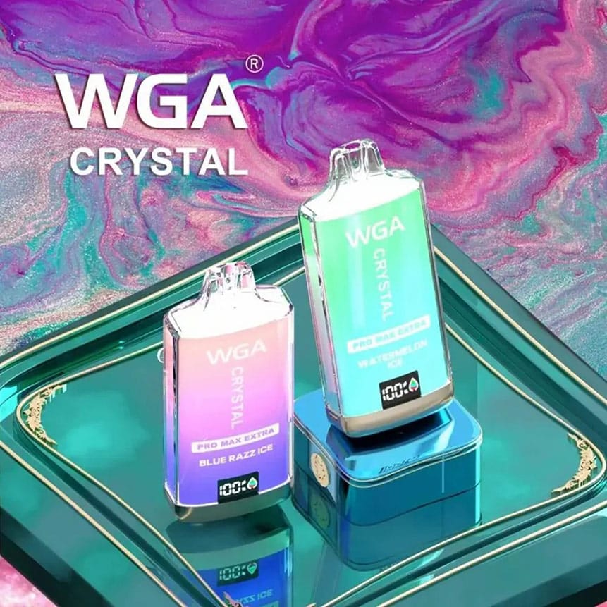 WGA Crystal Pro Max Extra 15000 Puffs in verschiedenen Farben und Geschmacksrichtungen, präsentiert auf einem stilvollen Tablett.