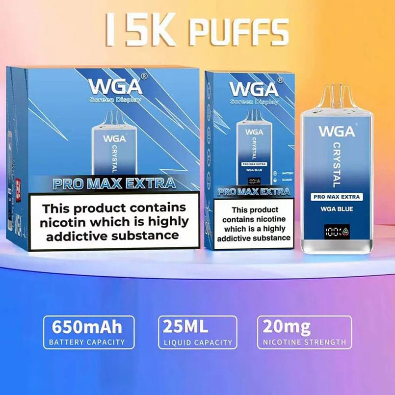 WGA Crystal Pro Max Extra 15000 Puffs Verpackung und Gerät mit Produktdetails wie 650mAh Akku, 25ml Liquid-Kapazität und 20mg Nikotinstärke.