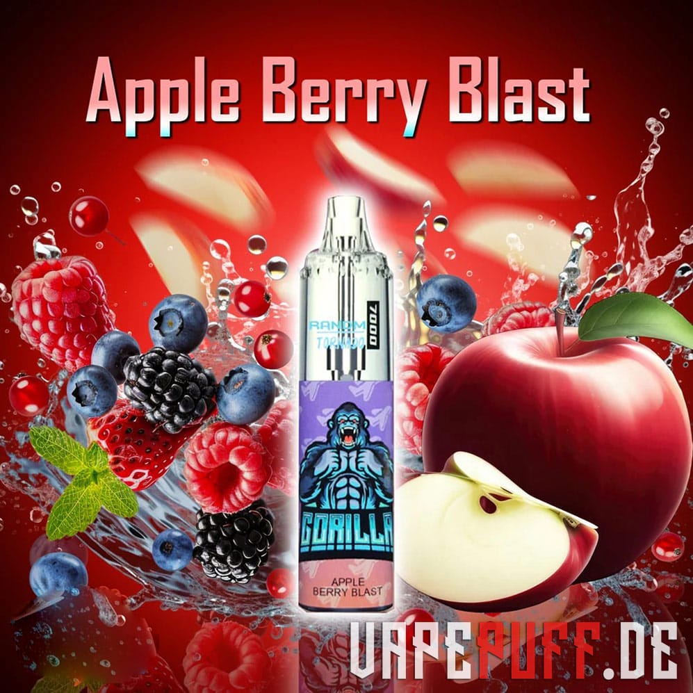 A bold and fruity Apple Berry Blast flavor from the Randm Tornado 7000 series, featuring vibrant images of apples, berries, and splashes of juice.