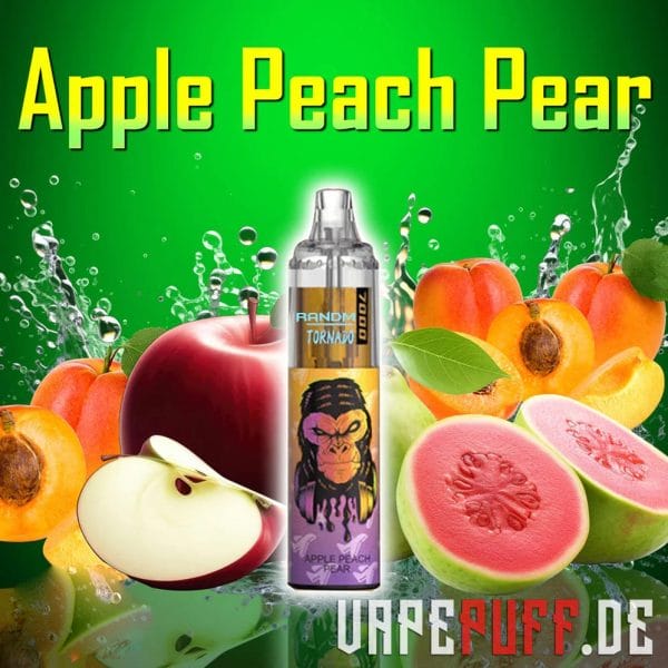 The Apple Peach Pear vape flavor from the Randm Tornado 7000 series, highlighted by fresh apples, juicy peaches, and ripe pears with a green theme.