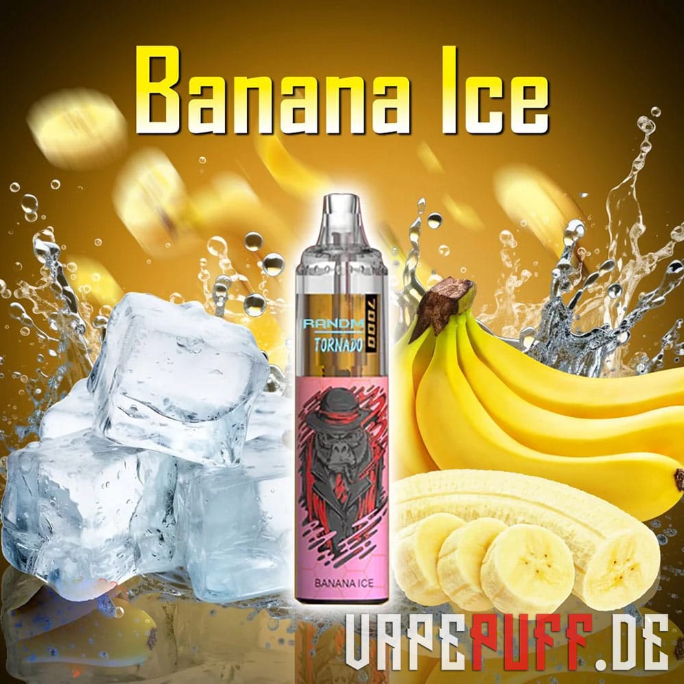 Banana Ice flavor from the Randm Tornado 7000, featuring ripe bananas and cool ice cubes with splashes of water for a frosty aesthetic.