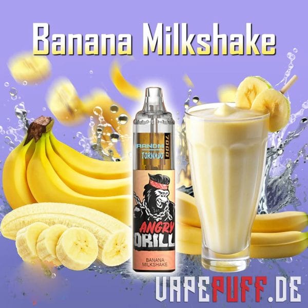 The indulgent Banana Milkshake flavor by Randm Tornado 7000, featuring ripe bananas and a creamy milkshake illustration with vibrant splashes.