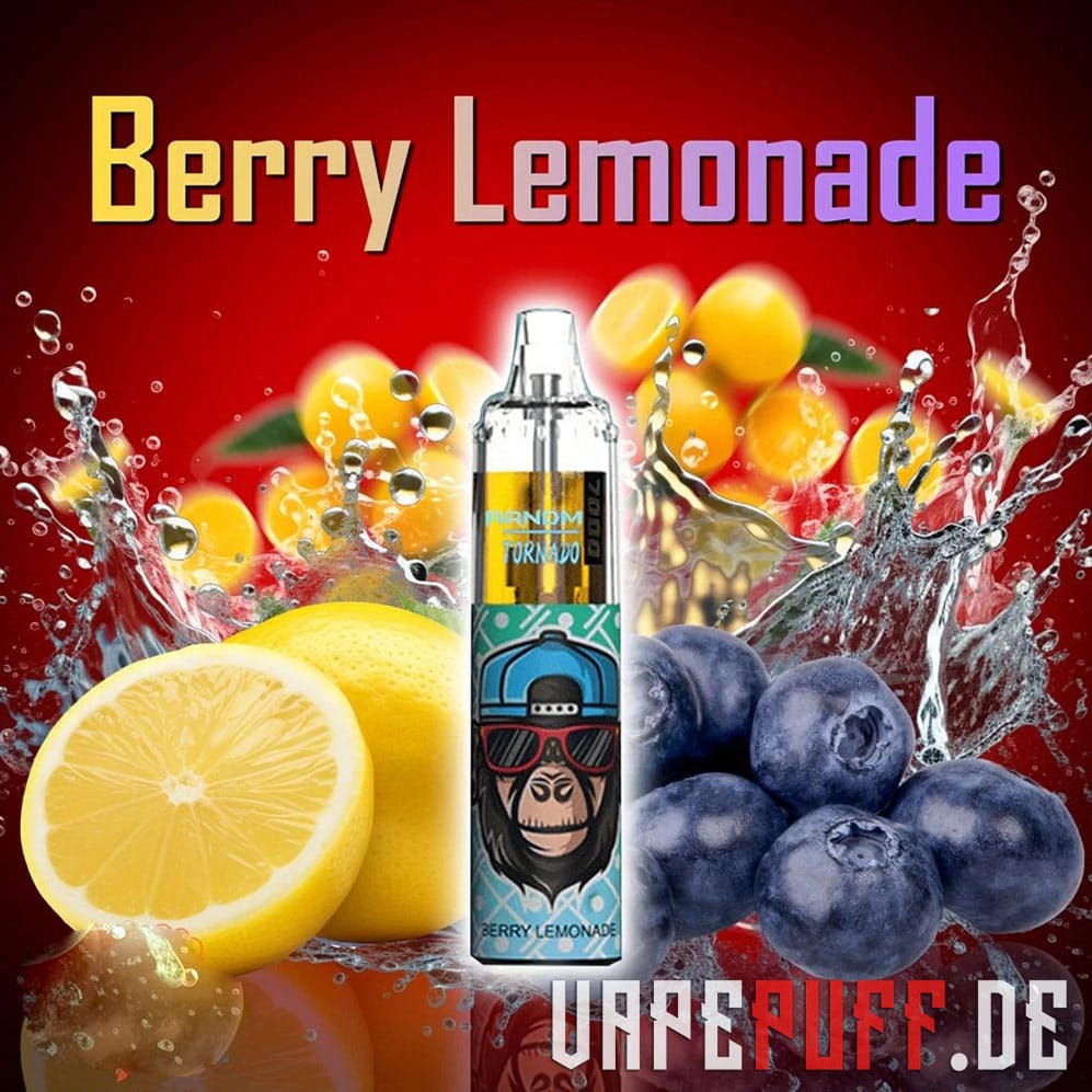 A zesty and vibrant Berry Lemonade flavor from Randm Tornado 7000, showcasing fresh berries and lemons splashed with lemonade.