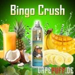 Bingo Crush flavor from the Randm Tornado 7000 series, featuring tropical fruits like pineapple, coconut, banana, and mango in a vibrant green backdrop.