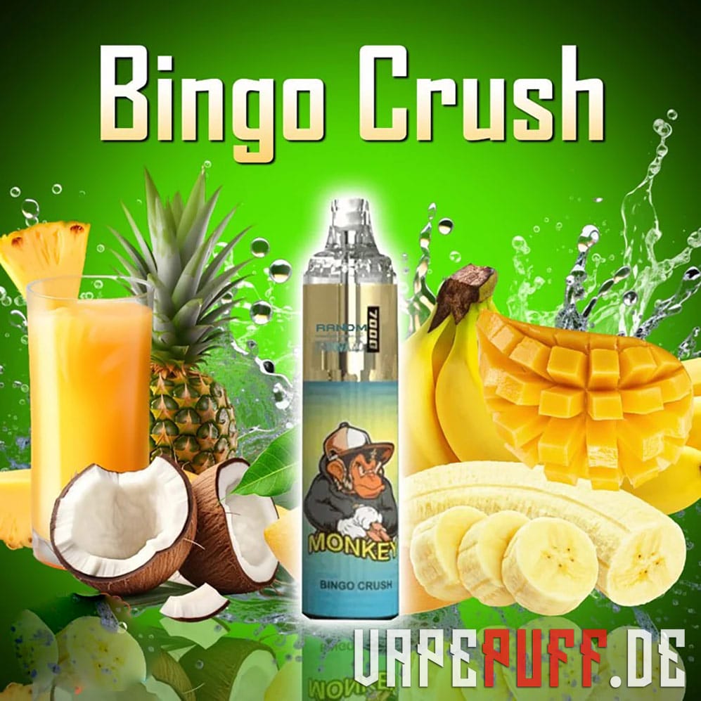 Bingo Crush flavor from the Randm Tornado 7000 series, featuring tropical fruits like pineapple, coconut, banana, and mango in a vibrant green backdrop.