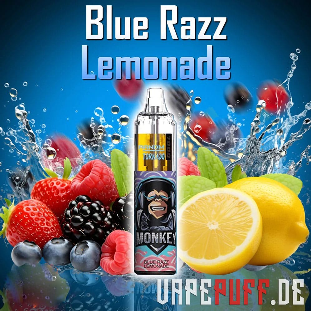 Blue Razz Lemonade vape flavor from Randm Tornado 7000, featuring blue raspberries, mixed berries, and fresh lemons in a refreshing display.