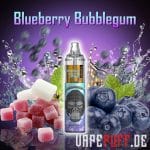 Blueberry Bubblegum vape by Randm Tornado 7000 with a mix of fresh blueberries, mint leaves, and sugary gum cubes.