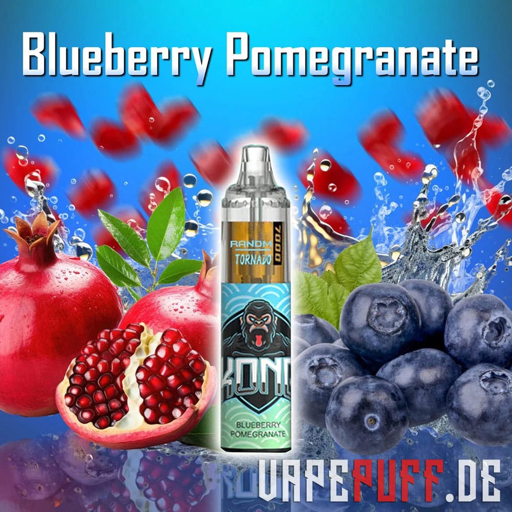 Blueberry Pomegranate vape from Randm Tornado 7000, featuring juicy pomegranate seeds and ripe blueberries with a fresh blue theme.