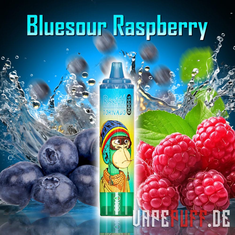 RandM Tornado 15000 disposable vapes in blue sour raspberry flavor delivering a tangy and fruity vaping experience