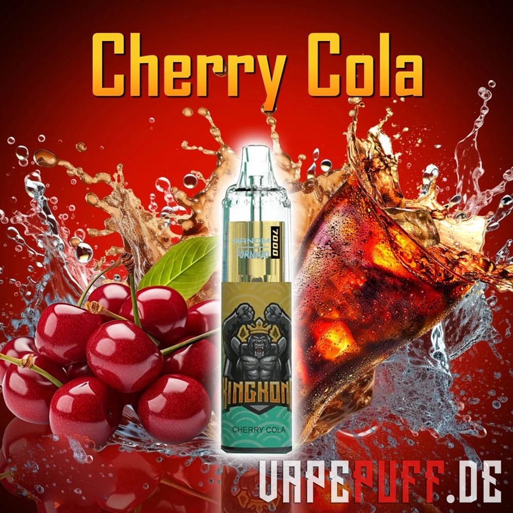 A fizzy Cherry Cola vape flavor by Randm Tornado 7000, featuring juicy cherries and a splash of cola with sparkling effects.