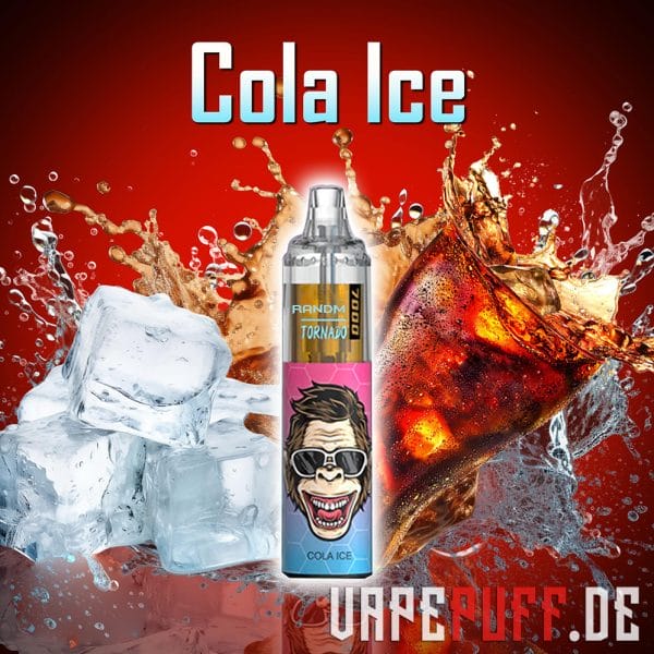 A cool Cola Ice flavor vape by Randm Tornado 7000, with splashes of fizzy cola and frosty ice cubes.