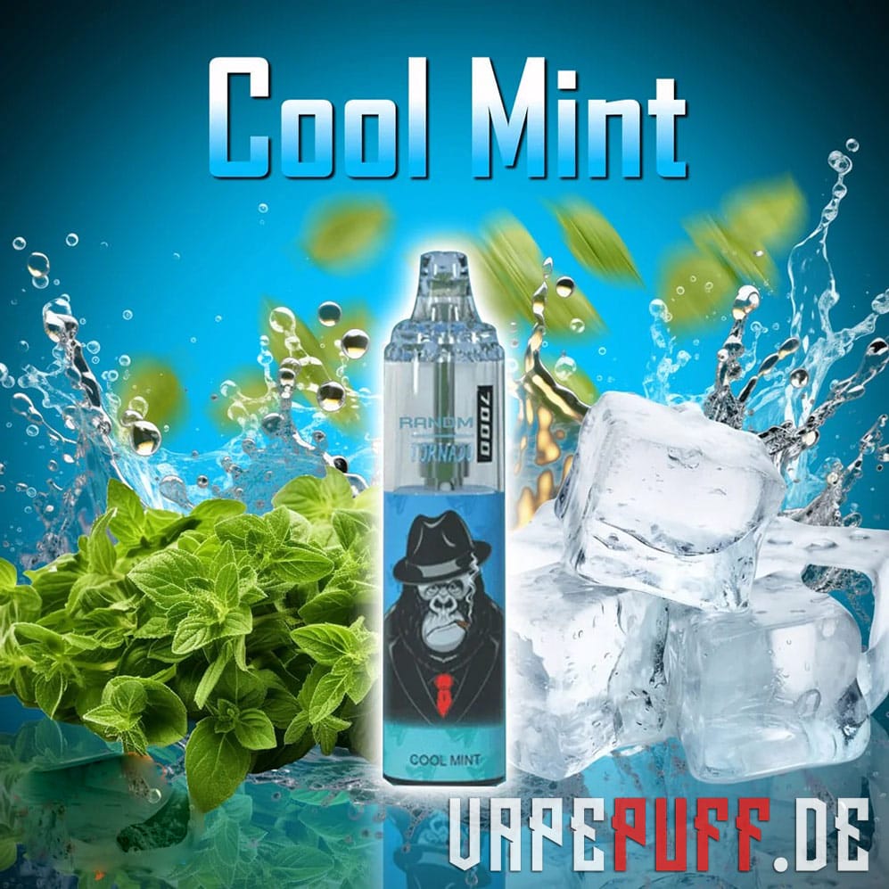 A refreshing Cool Mint flavor vape by Randm Tornado 7000, with mint leaves and icy cubes in a vibrant blue setting.