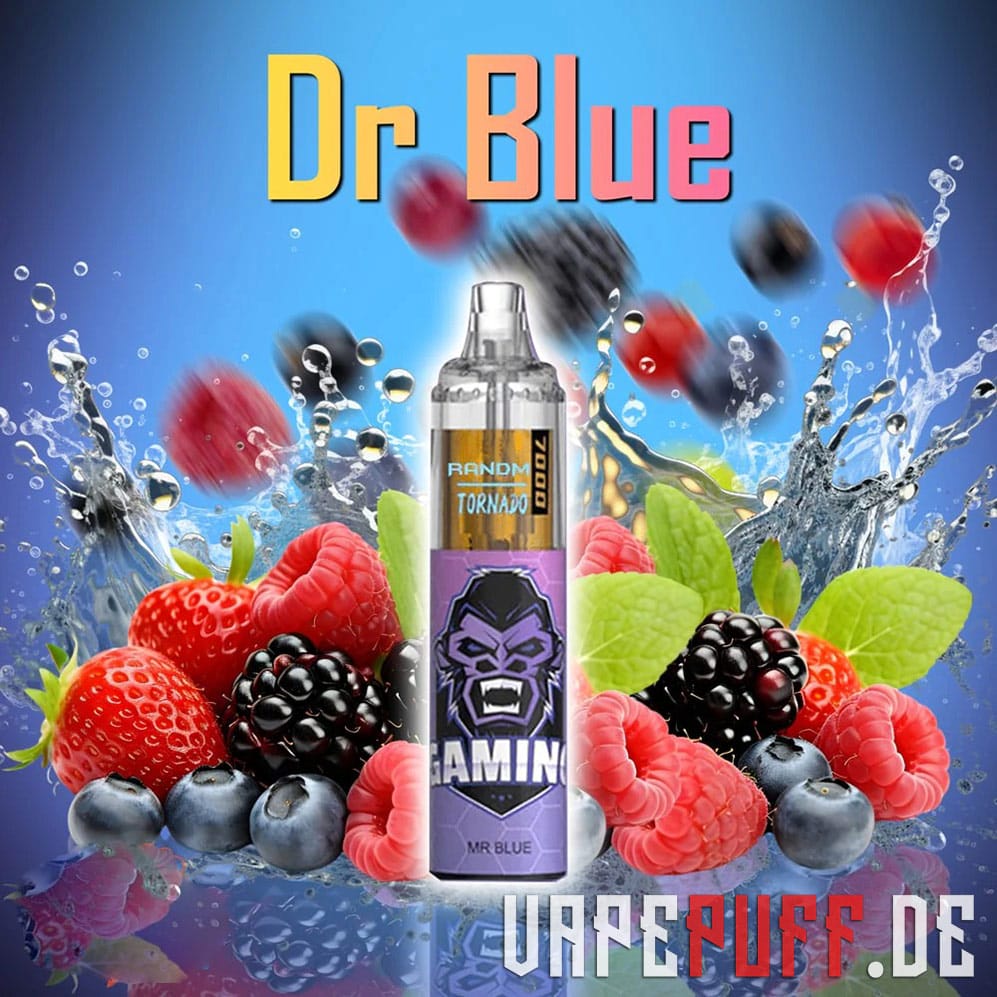 A mixed berry sensation from Randm Tornado 7000, featuring Dr. Blue flavor with vibrant strawberries, blackberries, and raspberries.