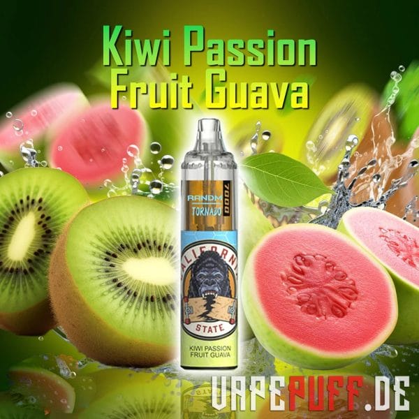 Exotic Kiwi Passion Fruit Guava vape flavor by Randm Tornado 7000, featuring kiwis, guavas, and passion fruits with a vibrant splash of tropical hues.