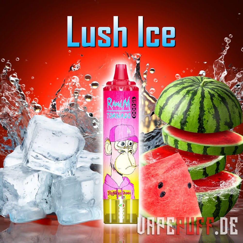 RandM Tornado 15000 disposable vapes in lush ice flavor featuring watermelon slices and icy freshness for a cool and juicy vaping treat